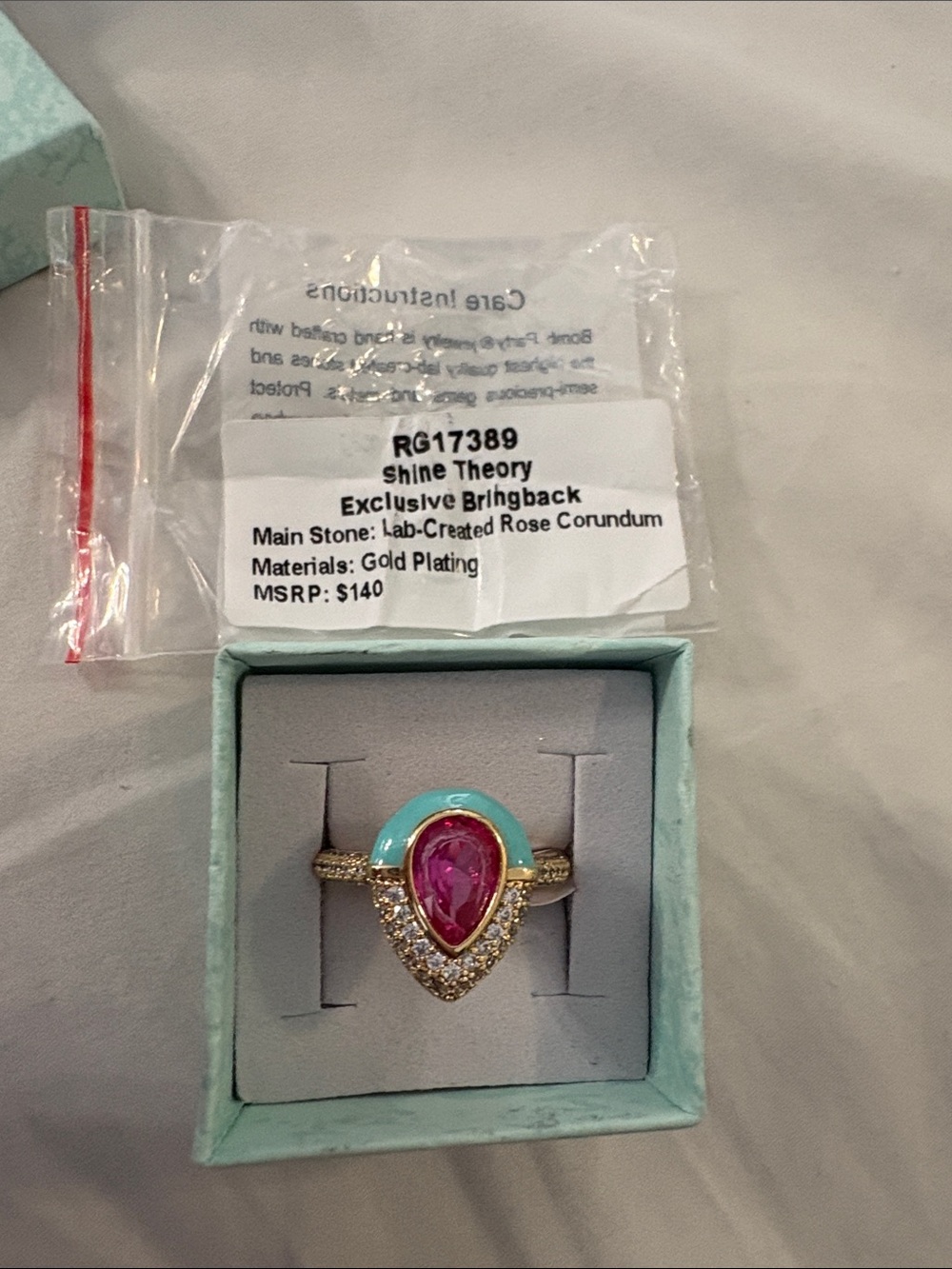 Shine Theory Gold-Plated Pink Teardrop Ring with Turquoise Accent